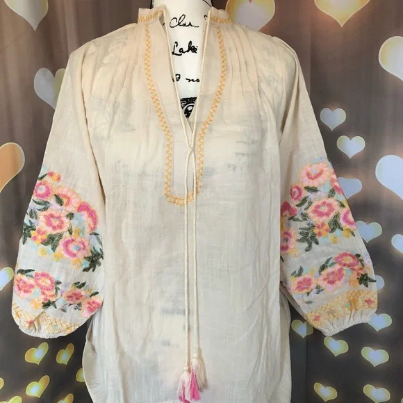 Bohemian blouse floral embroidery top linen cotton tassel cream lantern sleeve - Picture 7 of 7
